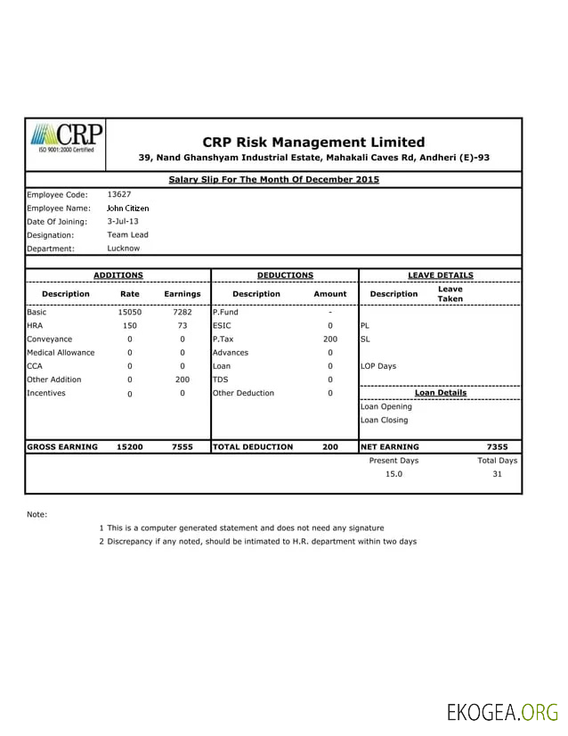 Modèle de fiche de salaire INDIA CRP Risk Management Limited aux formats Word et PDF